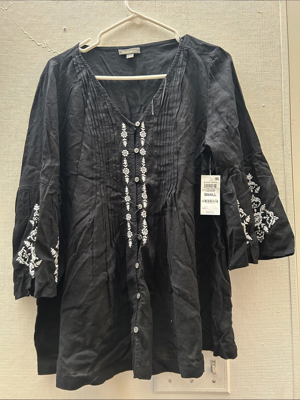 Style & Co. Black V-Neck Tunic with White Embroidery